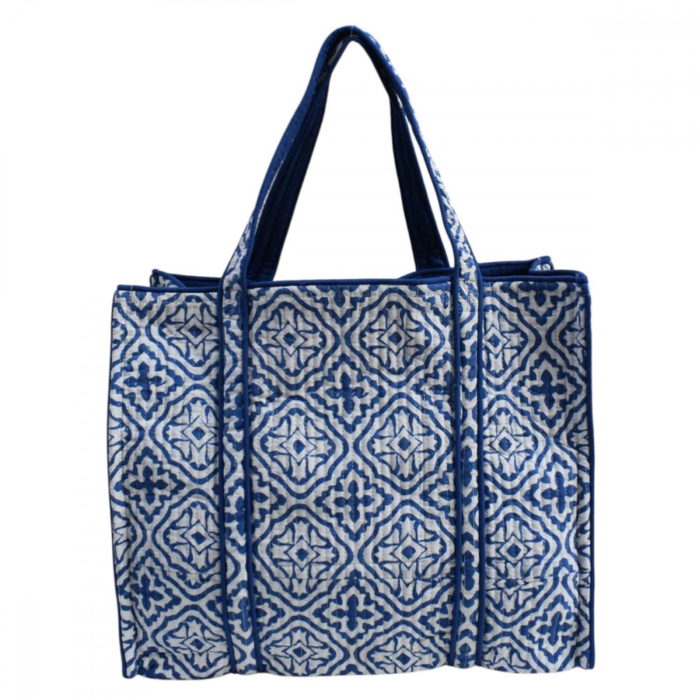 Image of Hand Block Printed Cotton Quilted Tote Bag | Cross Flower Blue 302287