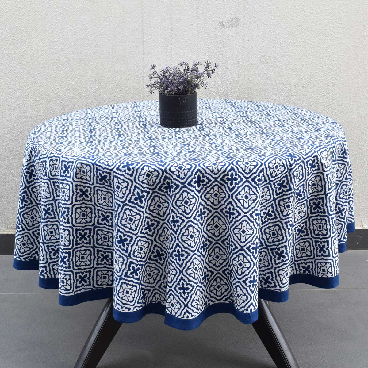 Hand Block Printed Cotton Round Tablecloth 180 cms Cross Flower Blue 302287