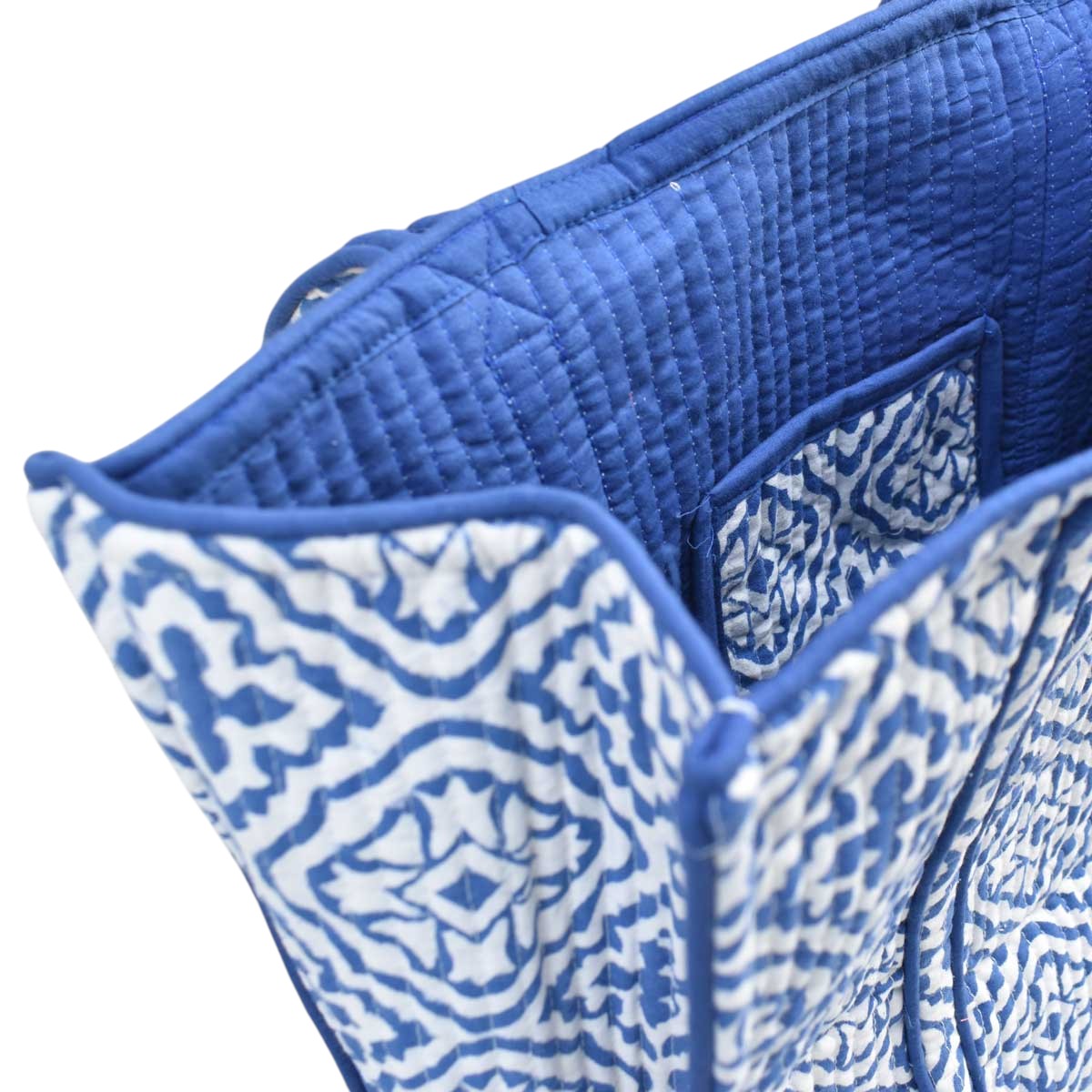 Hand Block Printed Cotton Quilted Tote Bag Cross Flower Blue 302287