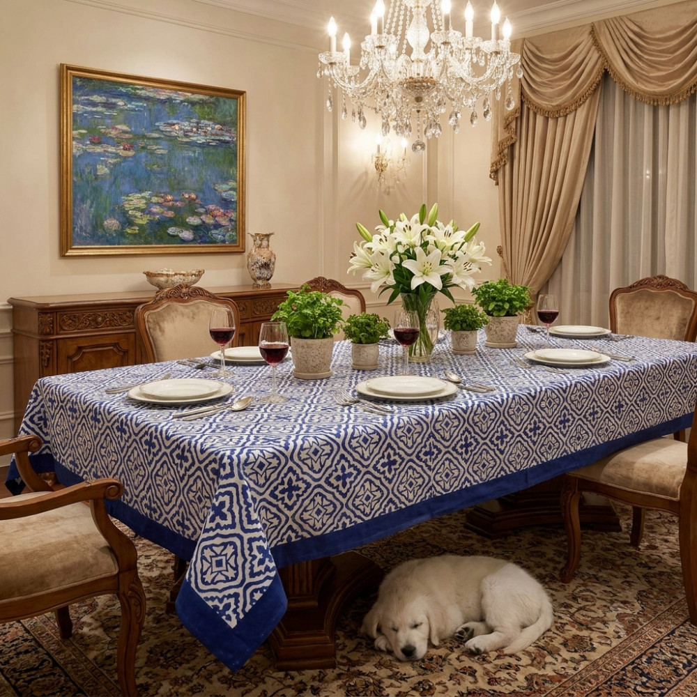 Image of Hand Block Printed Cotton Tablecloth 150x220 cms | Cross Flower Blue 302287