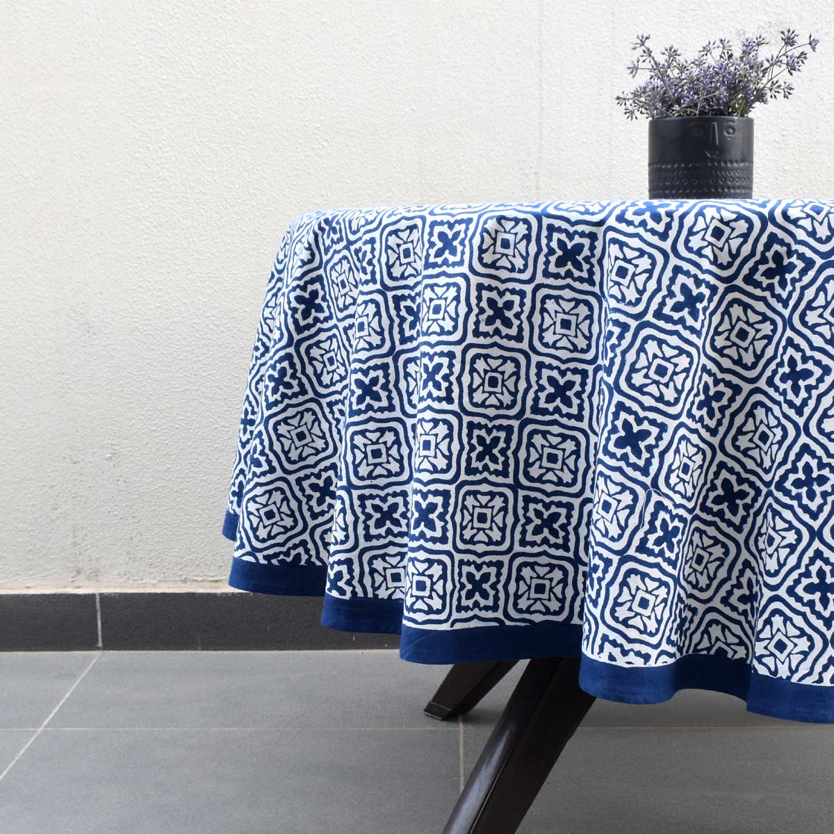 Hand Block Printed Cotton Round Tablecloth 180 cms Cross Flower Blue 302287