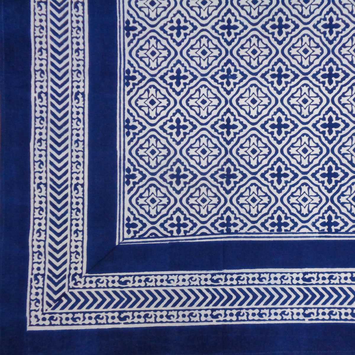 Hand Block Printed Cotton Tablecloth 180x270 Cross Flower Blue 302287