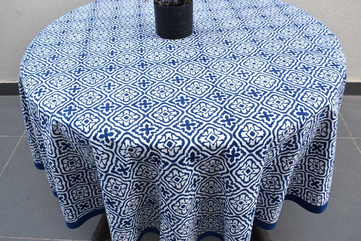 Hand Block Printed Cotton Round Tablecloth 180 cms Cross Flower Blue 302287