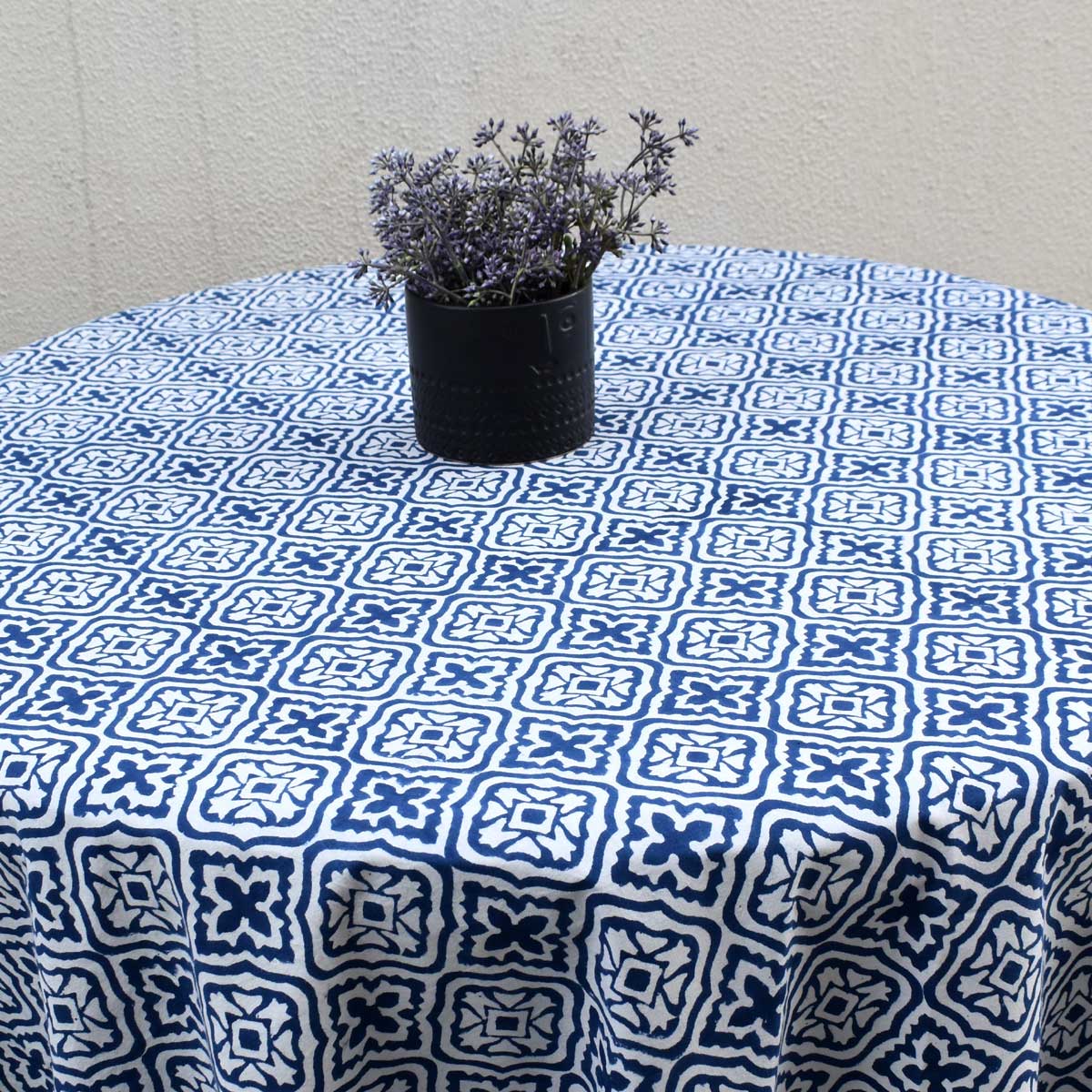 Hand Block Printed Cotton Round Tablecloth 180 cms Cross Flower Blue 302287