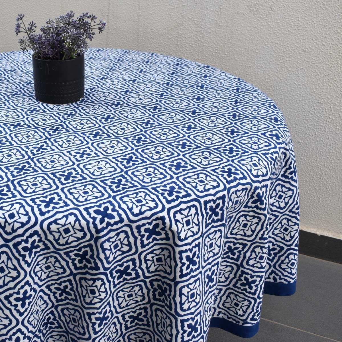 Hand Block Printed Cotton Round Tablecloth 180 cms Cross Flower Blue 302287