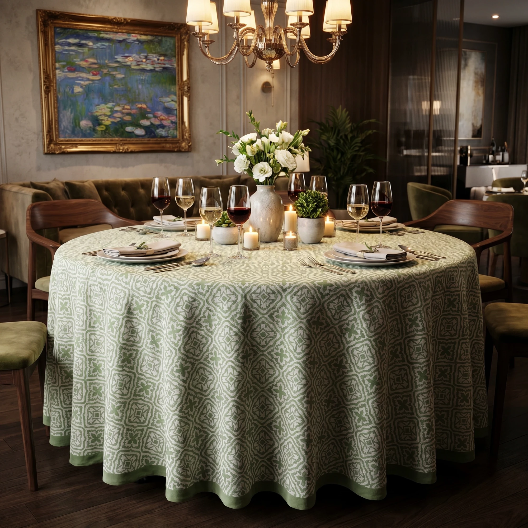 Round 180 cms Cotton French Design Table Cover cross flower celadon green 202601