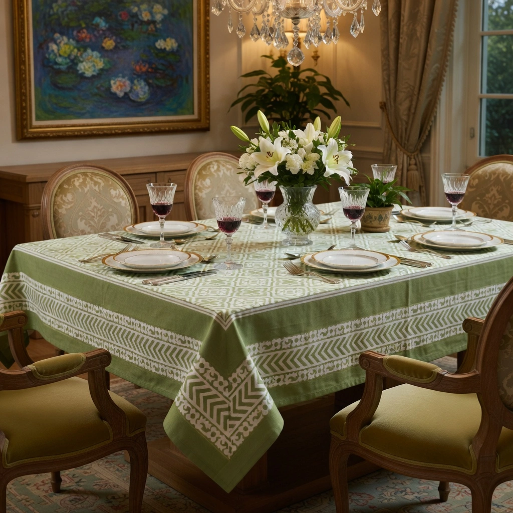 Hand Block Printed Cotton Tablecloth 180x270 cms Cross Flower Celadon Green 202601