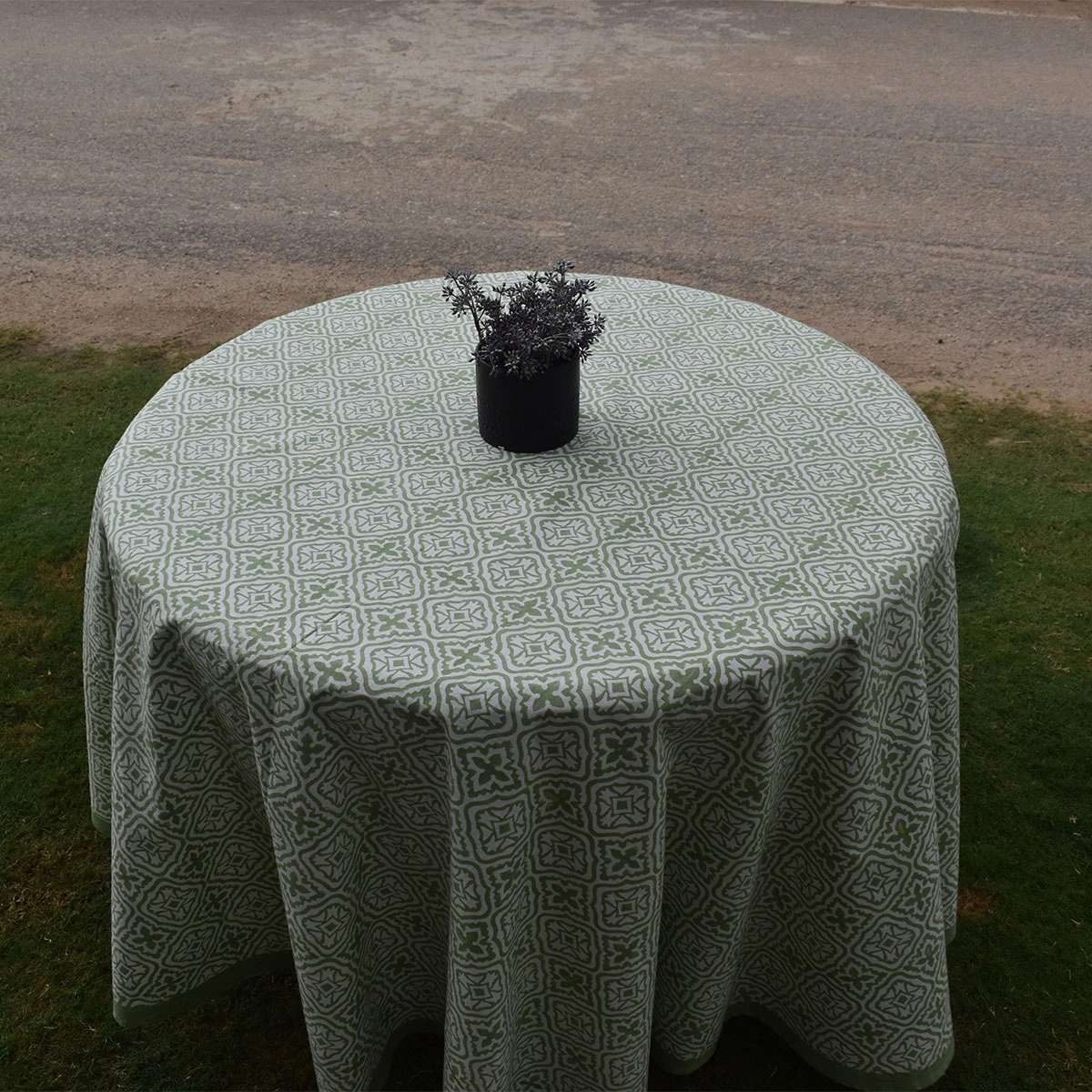 Round 180 cms Cotton French Design Table Cover cross flower celadon green 202601