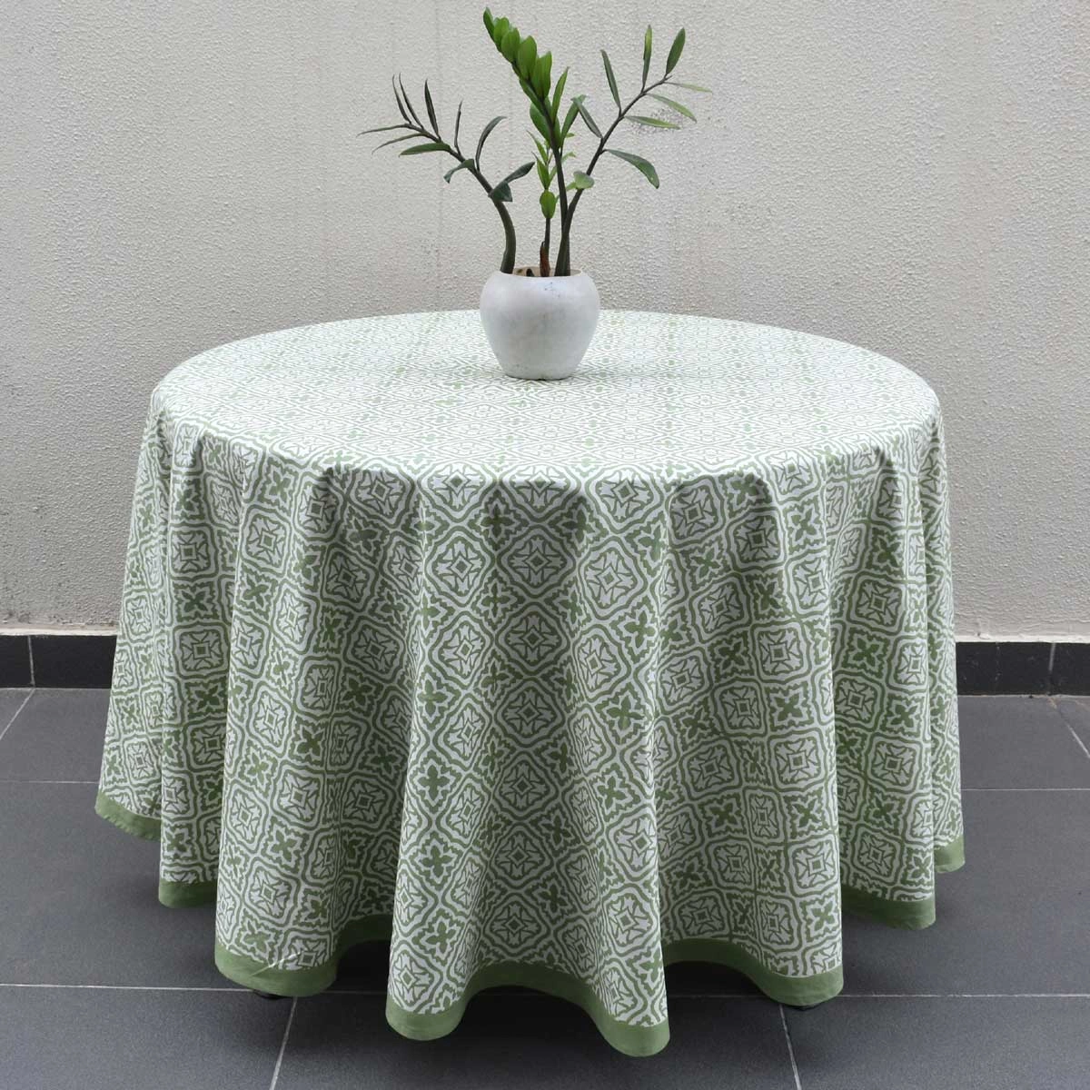 Round 180 cms Cotton French Design Table Cover cross flower celadon green 202601