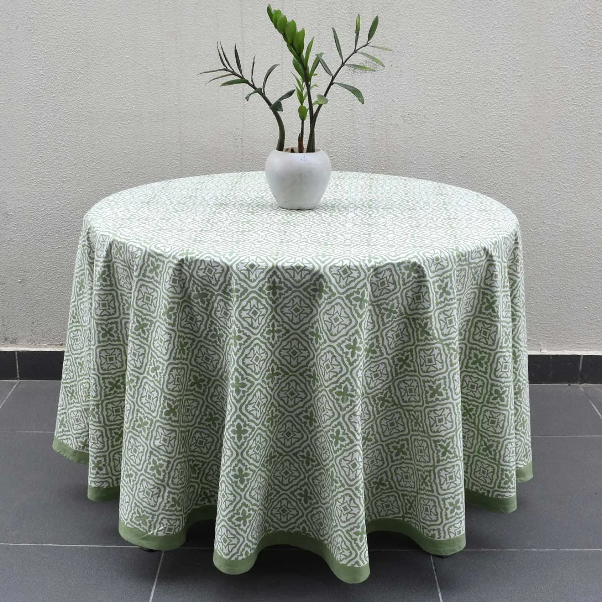 Round 220 cms Cotton French Design Table Cover cross flower celadon green 202601