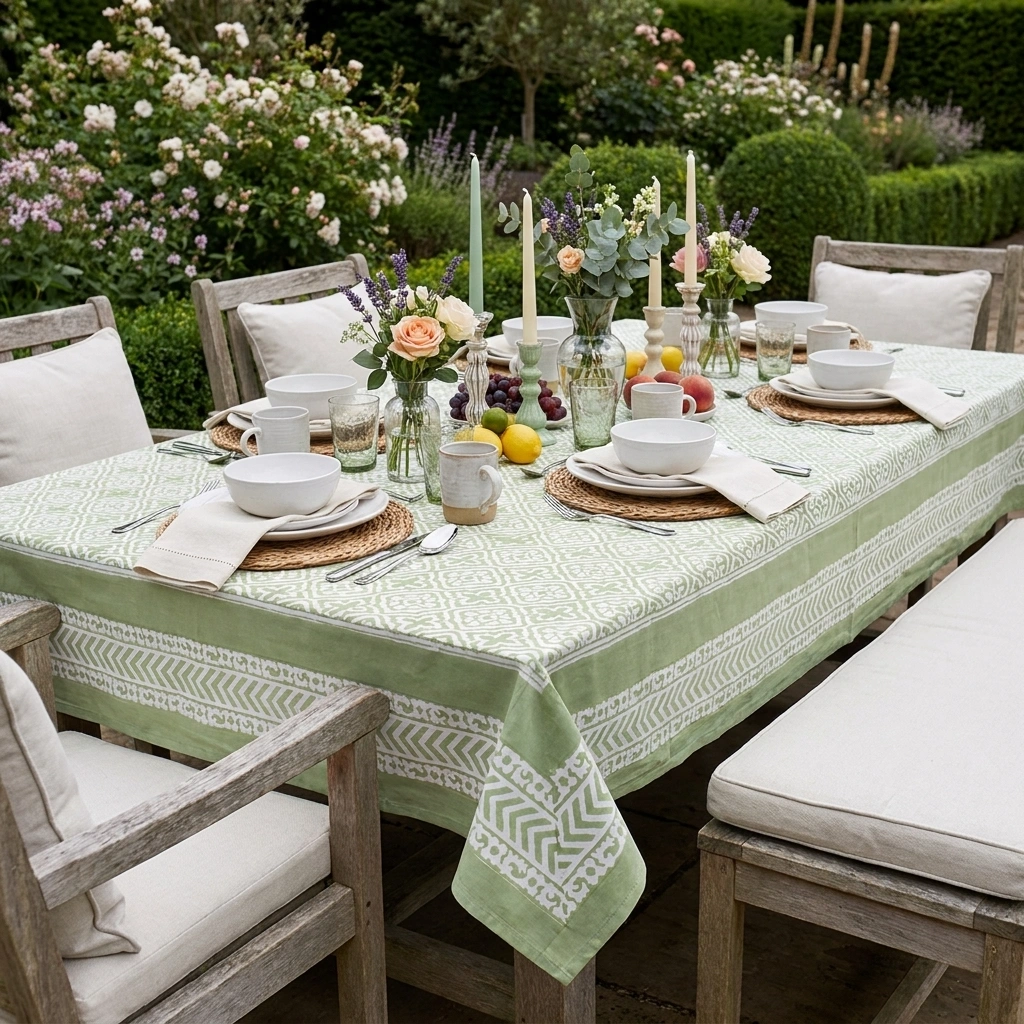 Hand Block Printed Cotton Tablecloth 180x270 cms Cross Flower Celadon Green 202601