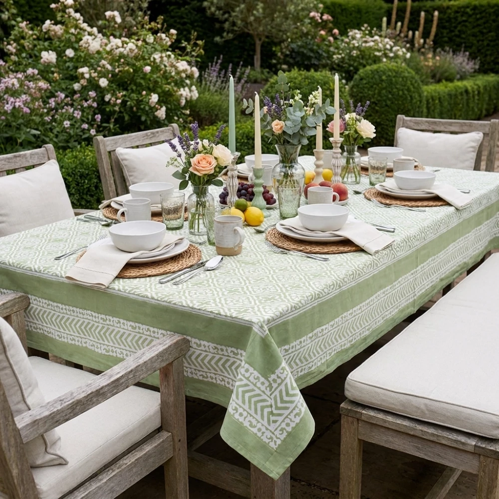 Image of Hand Block Printed Cotton Tablecloth 150x220 cms | Cross Flower Celadon Green 202601
