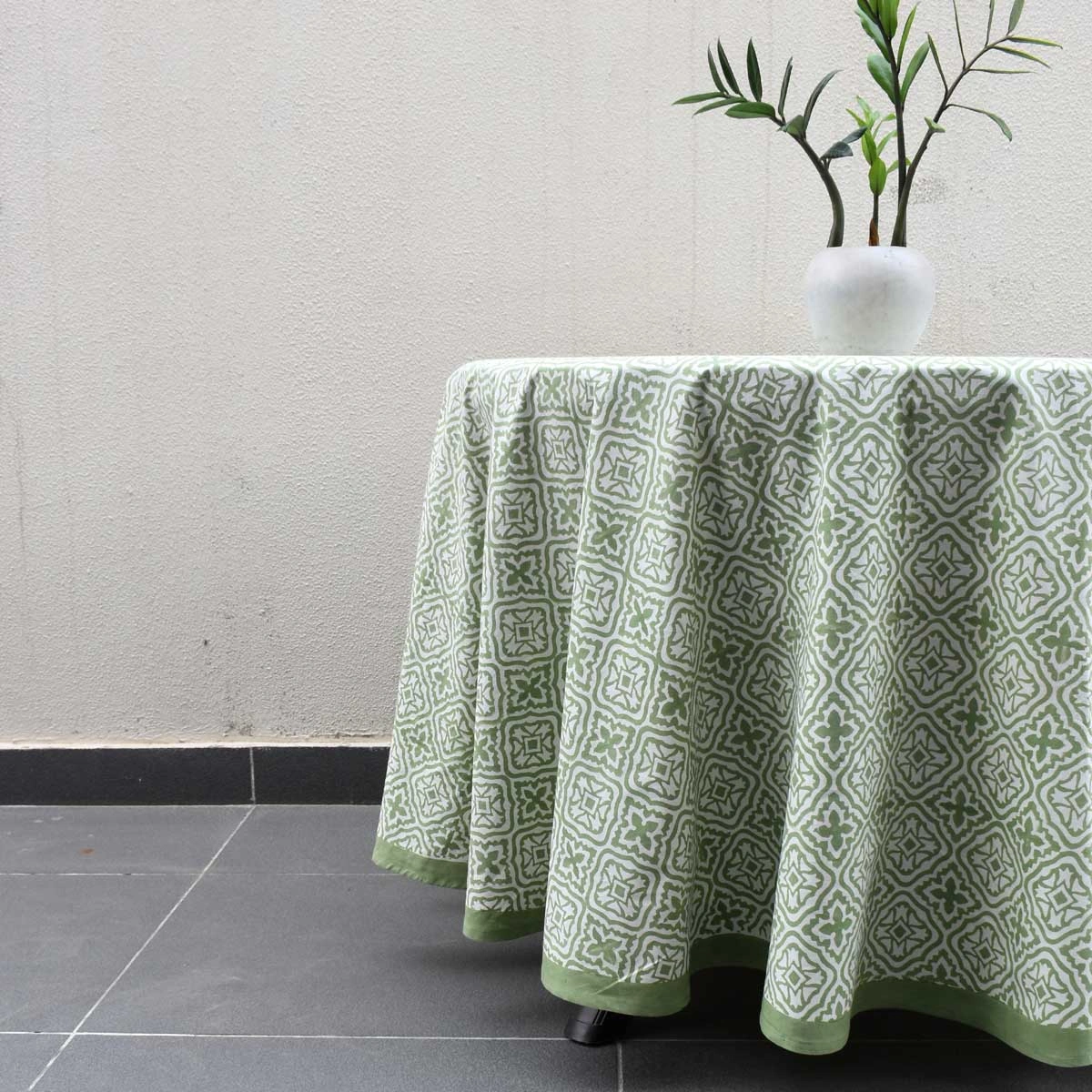 Round 180 cms Cotton French Design Table Cover cross flower celadon green 202601