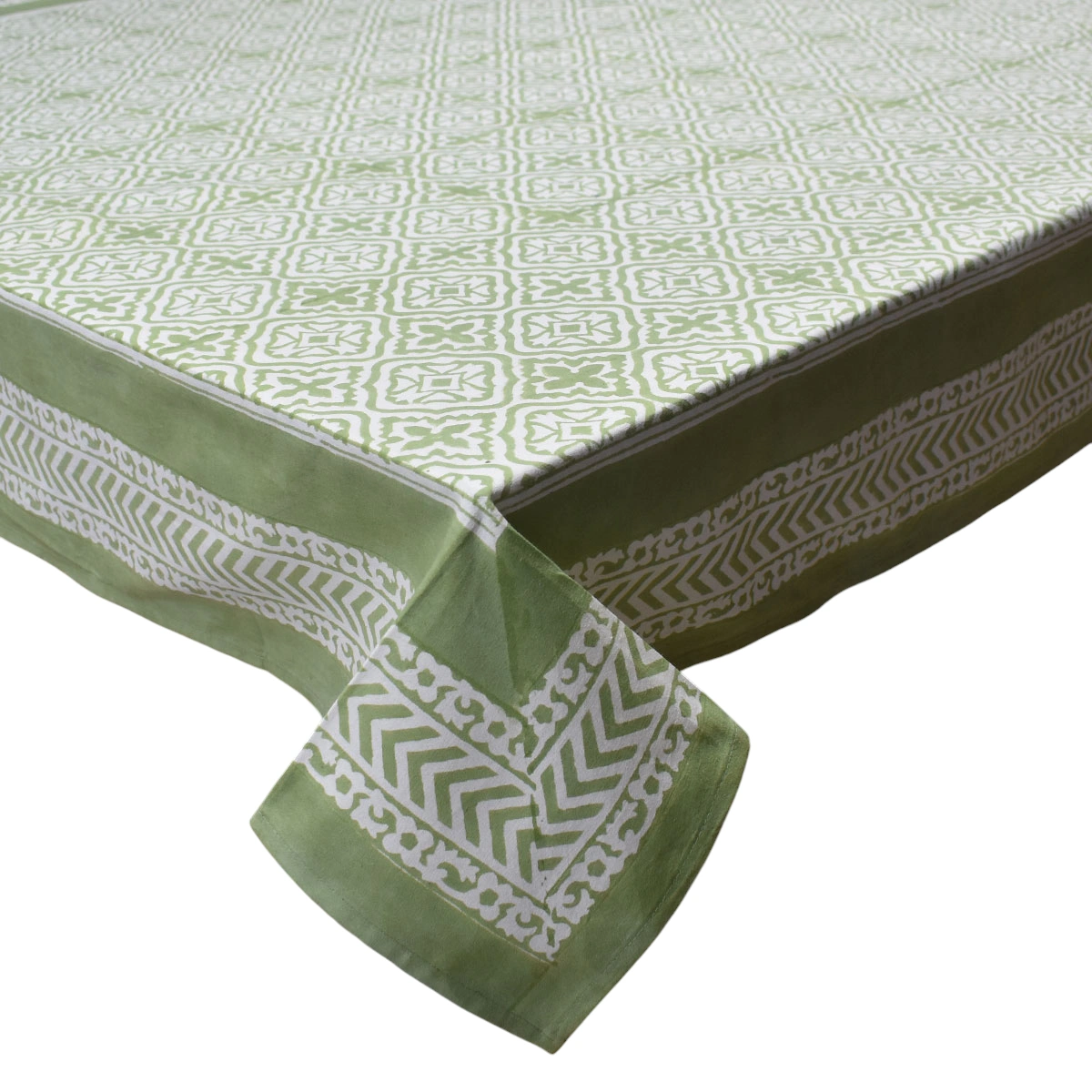 Hand Block Printed Cotton Tablecloth 180x270 cms Cross Flower Celadon Green 202601