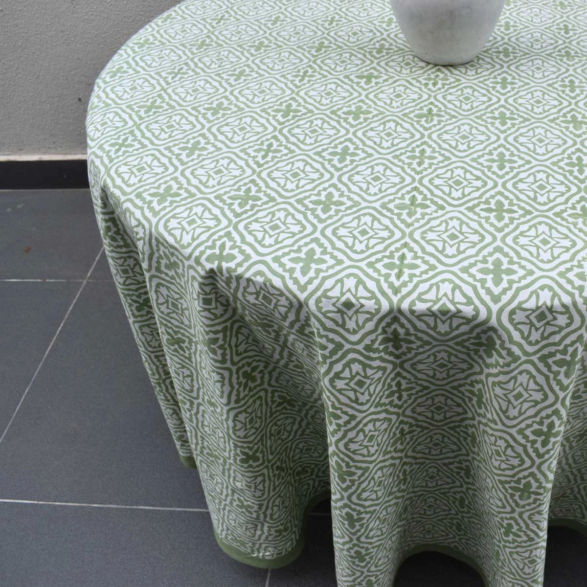 Round 180 cms Cotton French Design Table Cover cross flower celadon green 202601