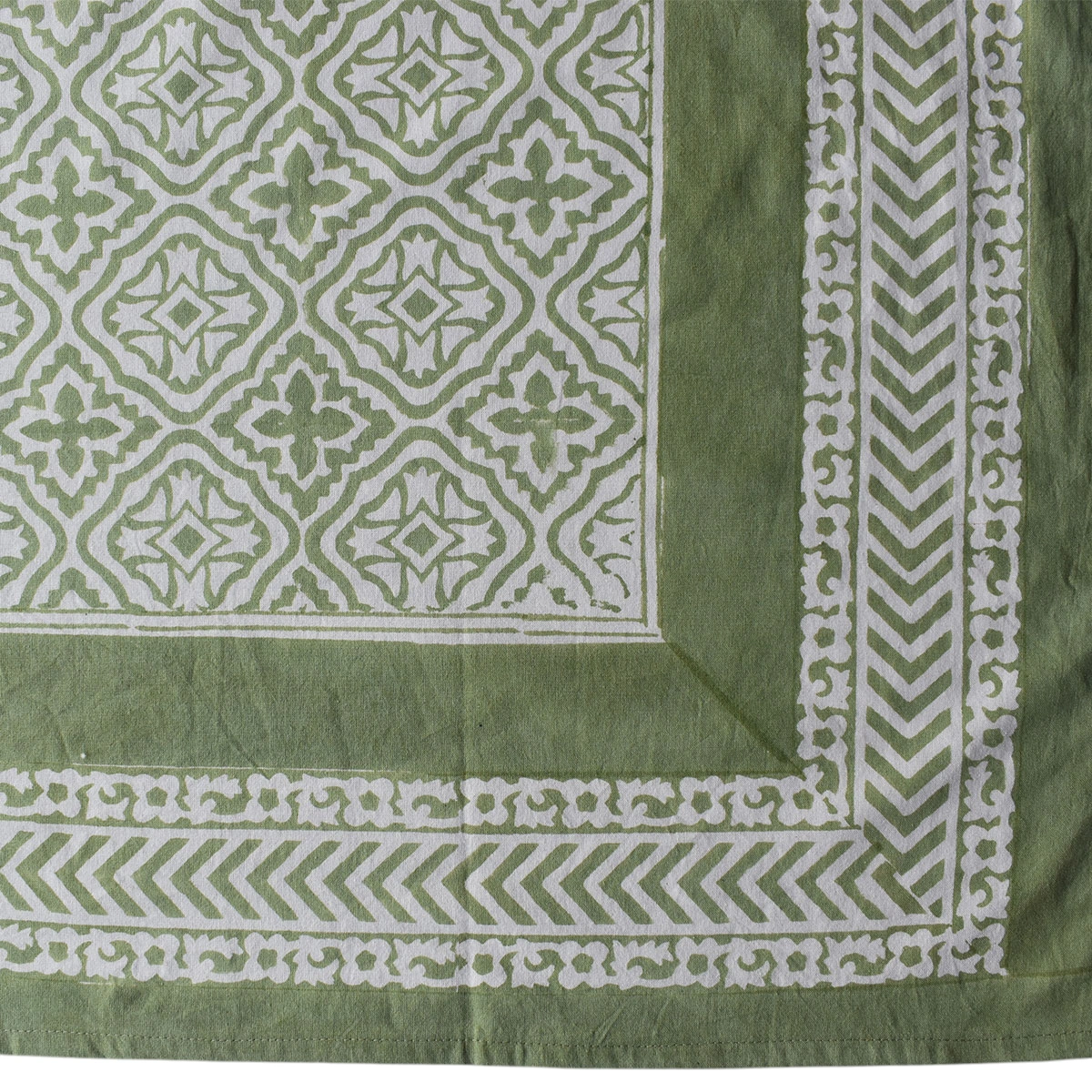 Hand Block Printed Cotton Tablecloth 180x270 cms Cross Flower Celadon Green 202601
