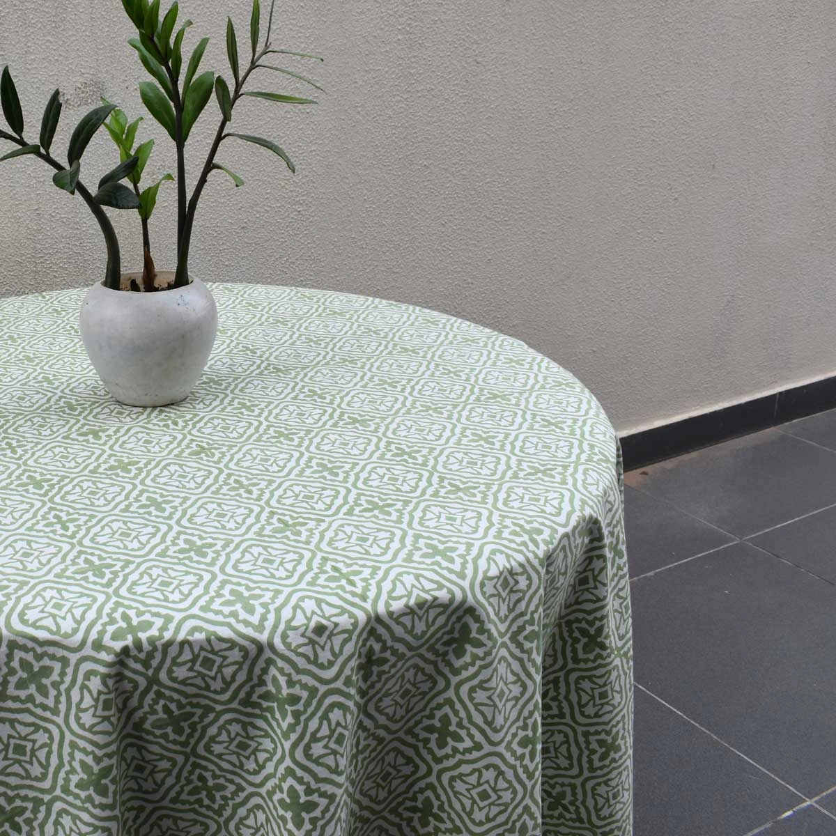 Round 180 cms Cotton French Design Table Cover cross flower celadon green 202601