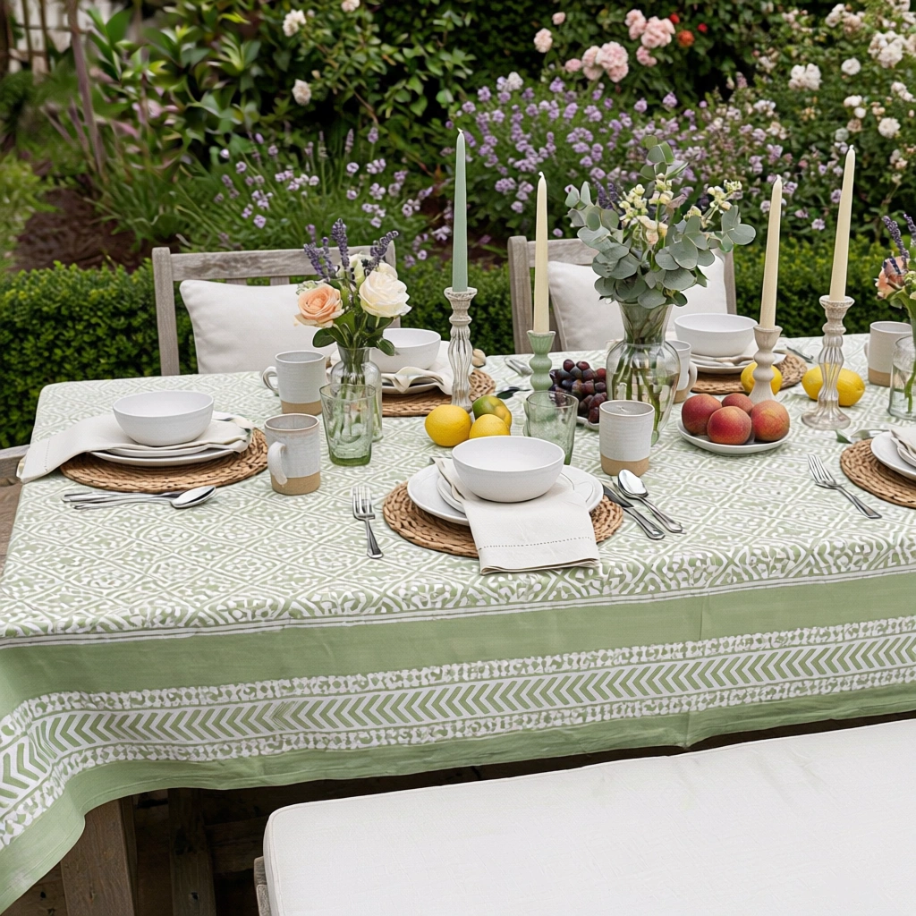 Hand Block Printed Cotton Tablecloth 180x270 cms Cross Flower Celadon Green 202601