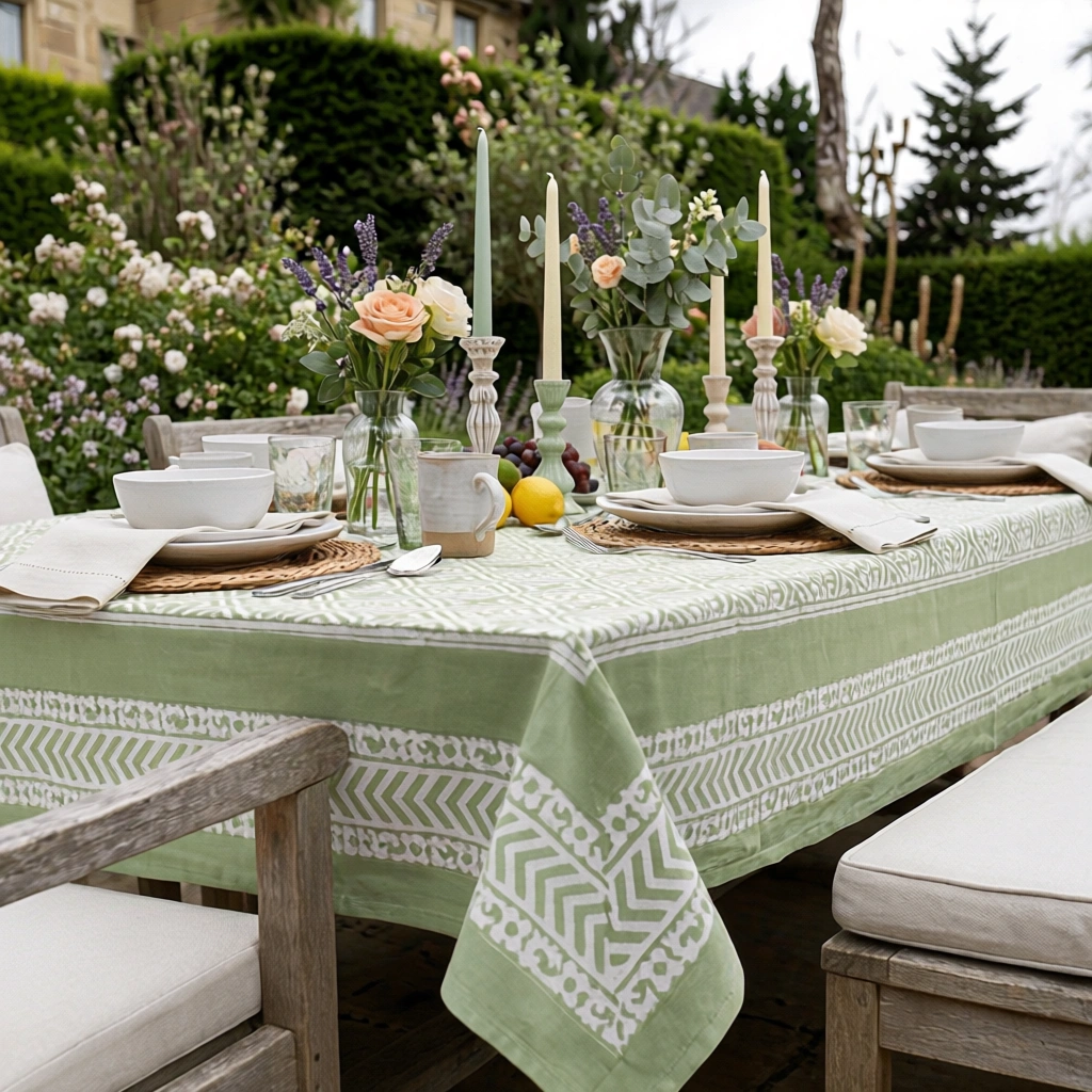Hand Block Printed Cotton Tablecloth 180x270 cms Cross Flower Celadon Green 202601