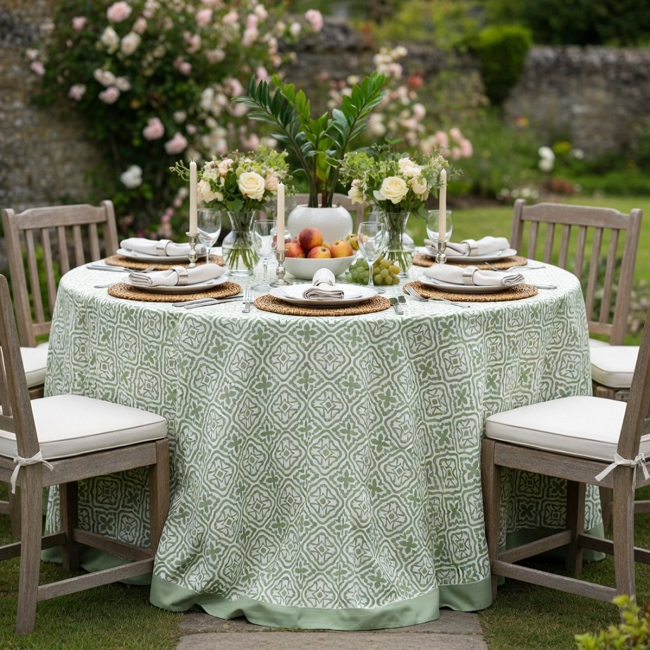 Round 180 cms Cotton French Design Table Cover cross flower celadon green 202601