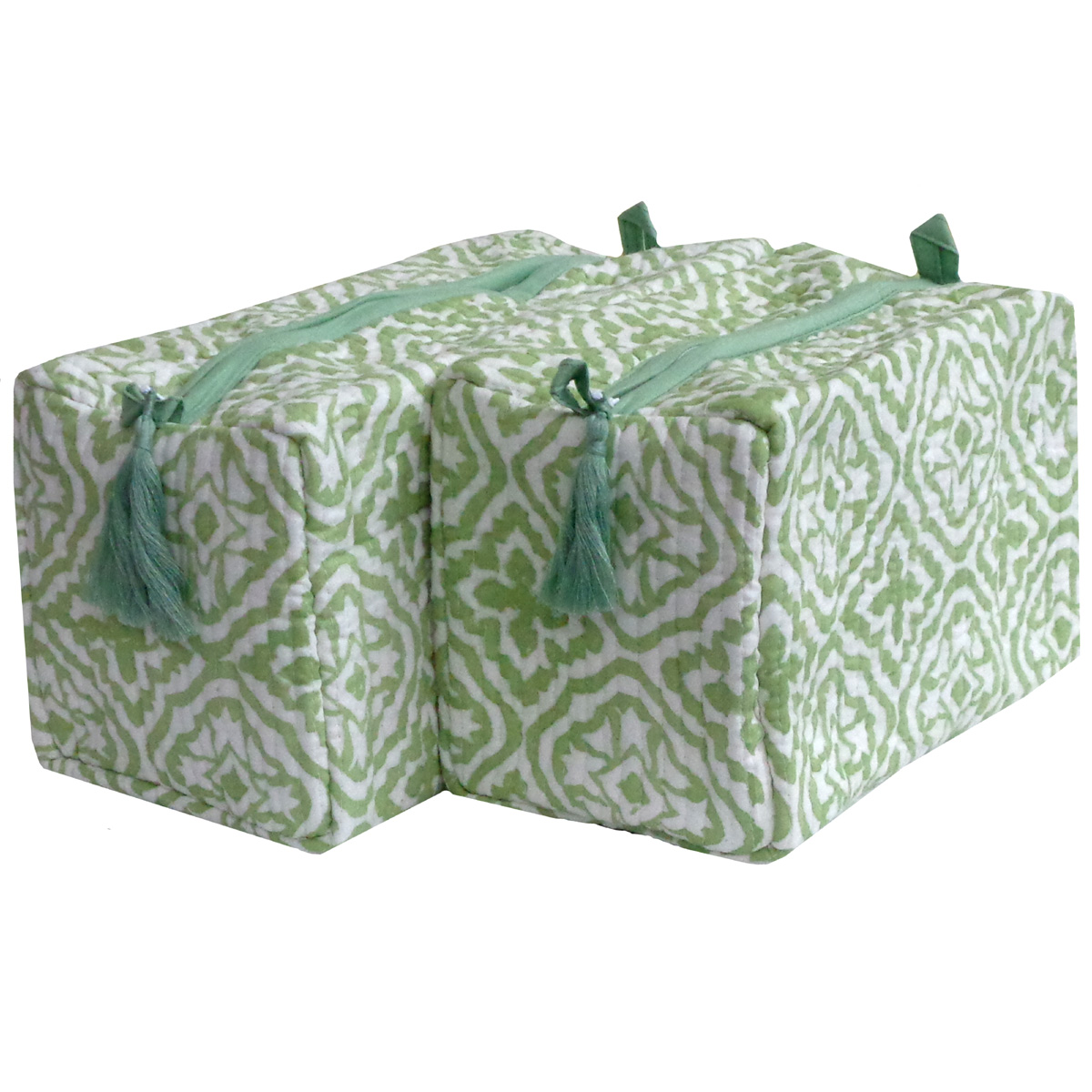Hand Block Printed Cotton Quilted Cosmetic Bag Set of 2  Cross Flower Celadon Green Light 206847
