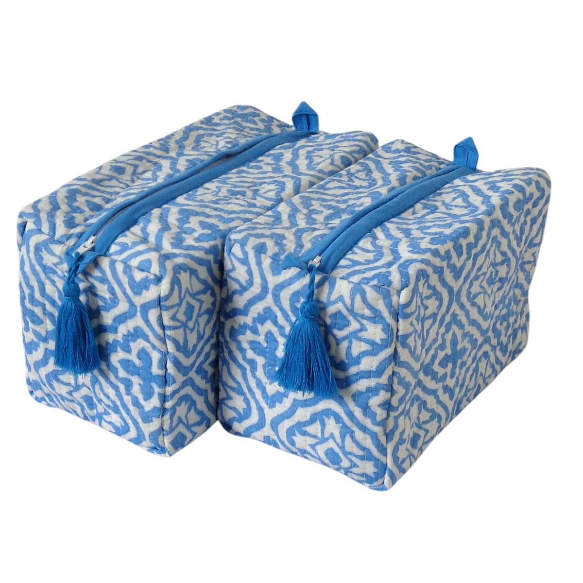 Hand Block Printed Cotton Quilted Cosmetic Bag Set of 2 Cross Flower Palace Blue 206826