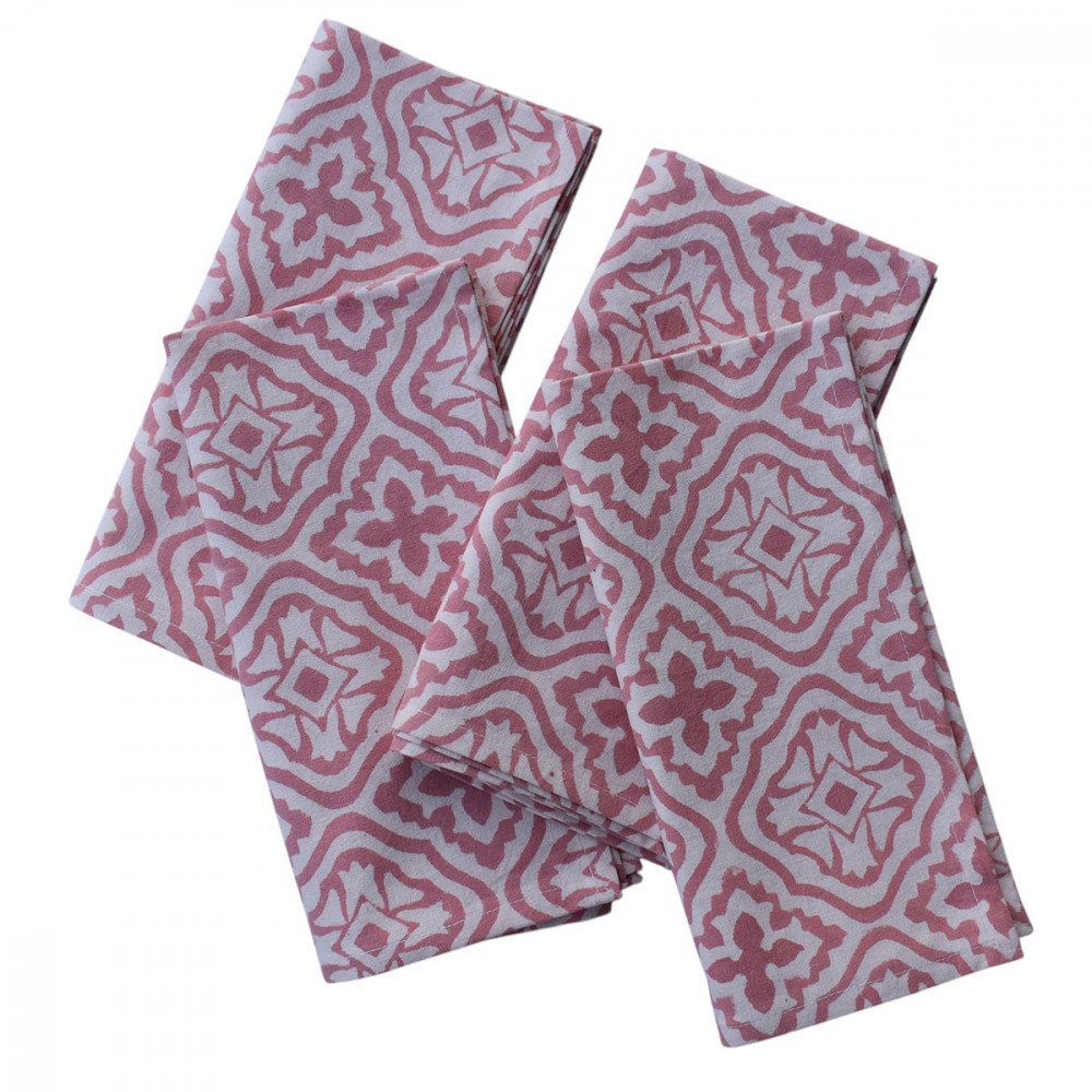Image of Hand Block Printed Cotton Napkin 45x45 (Set of 4 Napkins) | Cross Flower Pink 107051