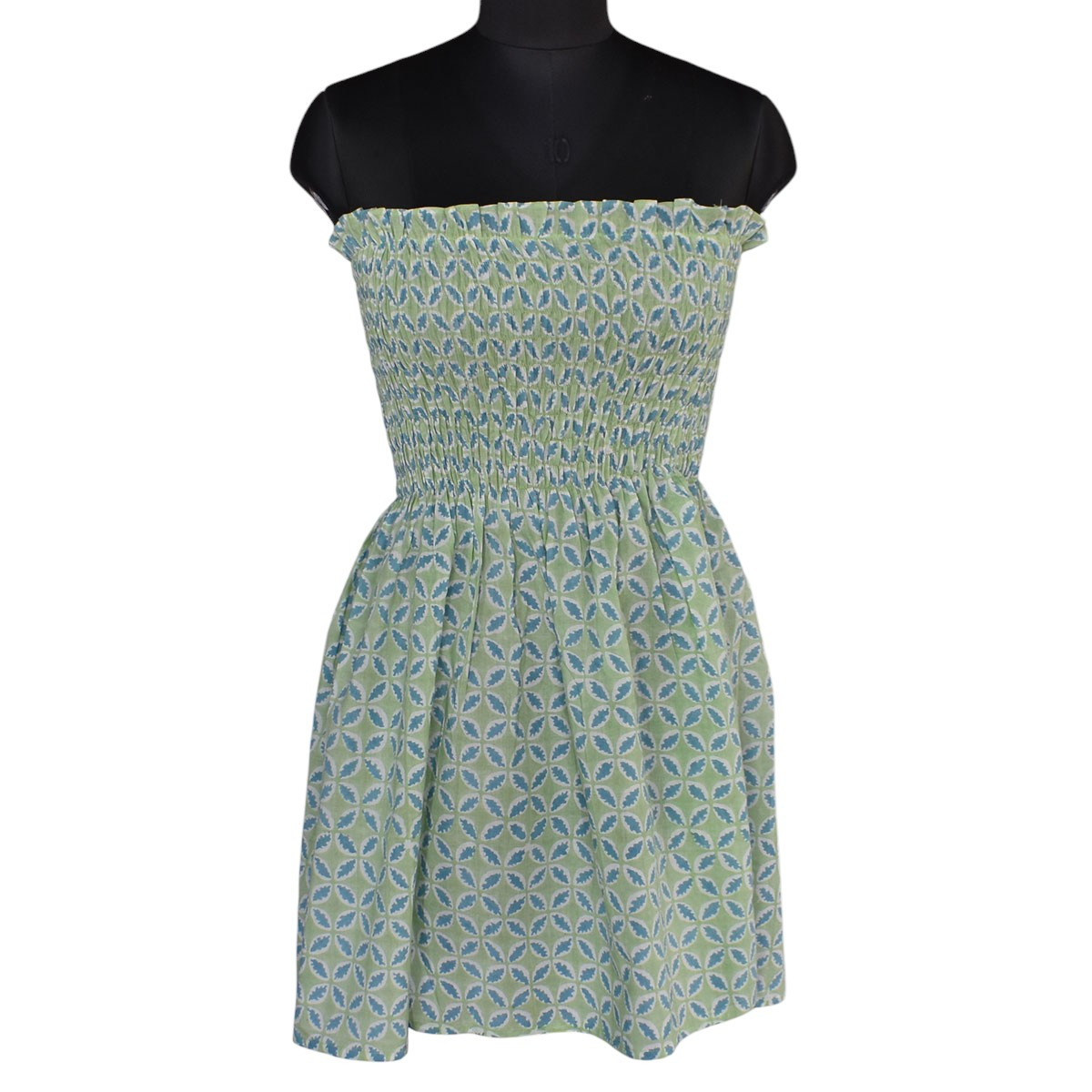 Smocked Cotton Top for Women  Hand Block Printed Cross Green