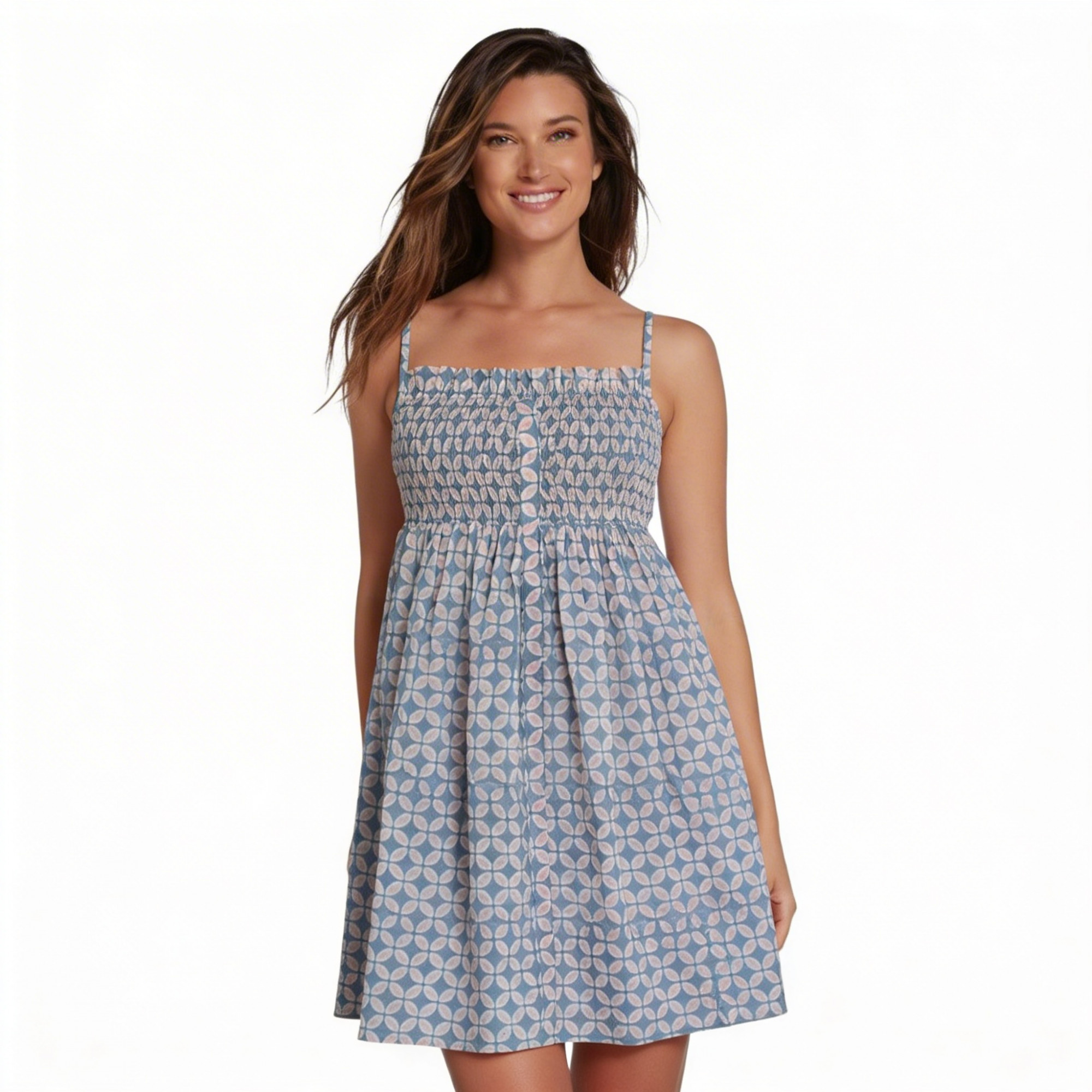 short smocked dress for Women Hand Block Printed Cross Pink