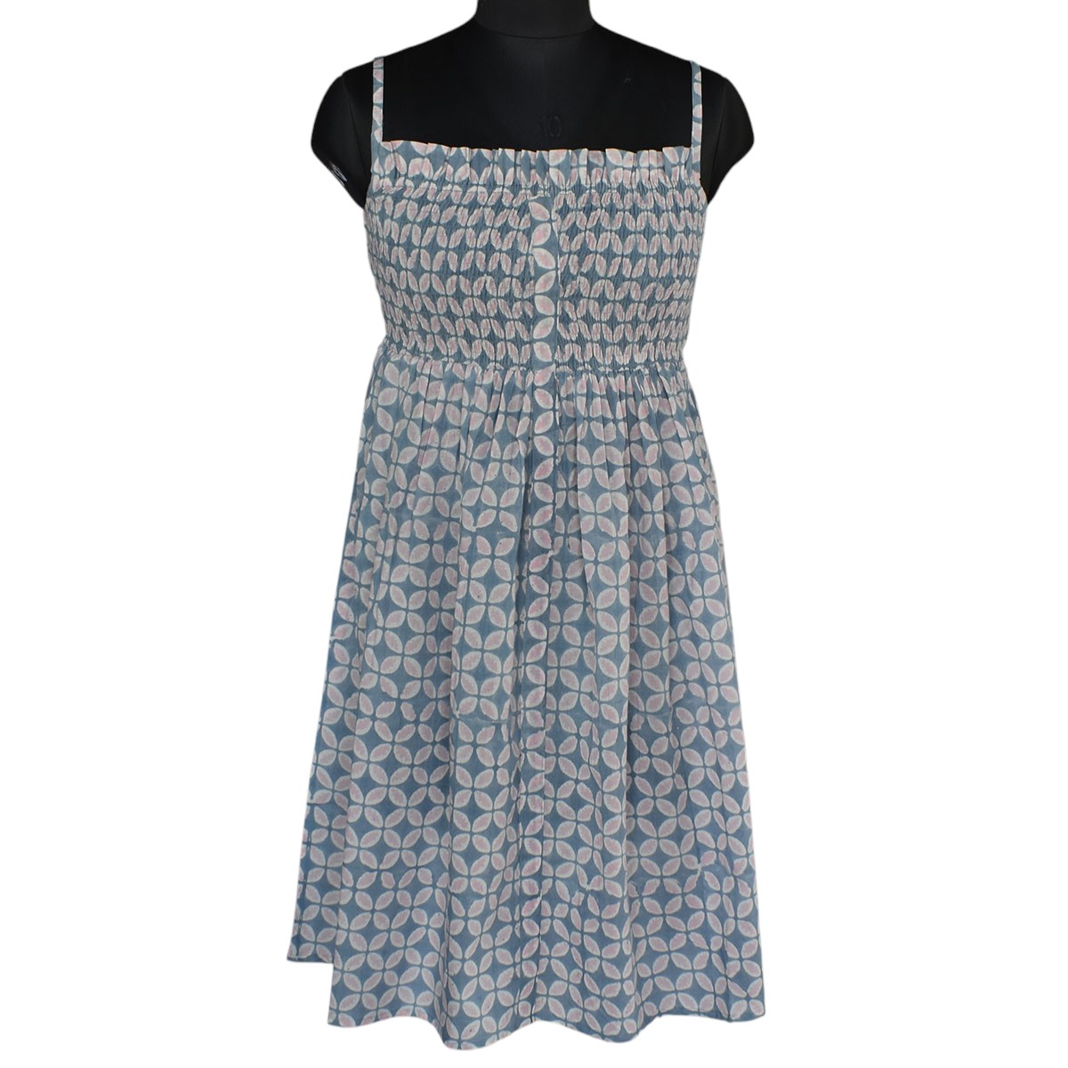 short smocked dress for Women Hand Block Printed Cross Pink