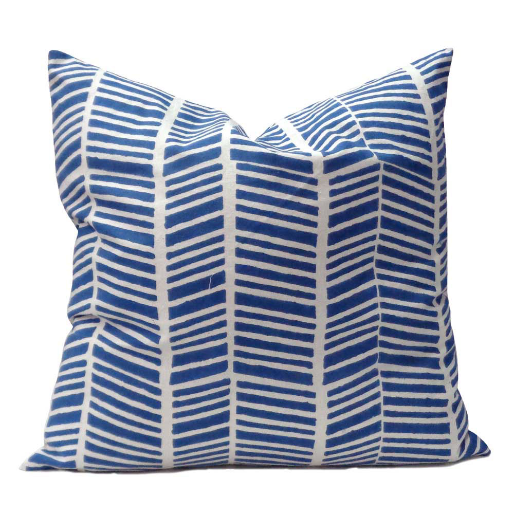 Hand Block Printed Cotton Cushion Cover 40x40 cms Herringbone Blue 100468