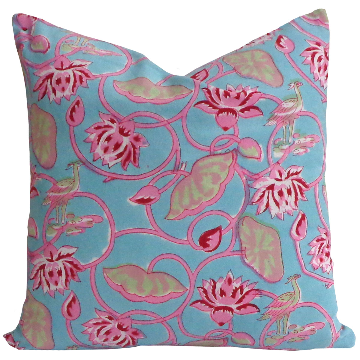 Hand Block Printed Cotton Cushion Cover 40x40 cms Lotus Lake Jade 202202