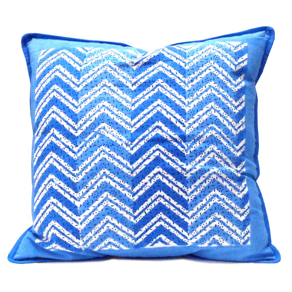 Hand Block Printed Cotton Cushion Cover 40x40 cms Chevron Blue 107041