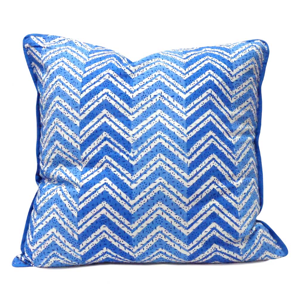Hand Block Printed Cotton Cushion Cover 40x40 cms Chevron Blue 107041