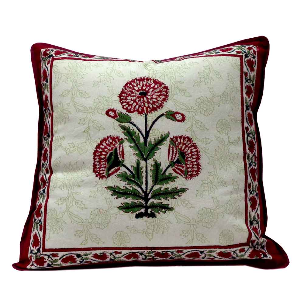 Hand Block Printed Cotton Cushion Cover 40x40 cms Rangila Phool Green 101143