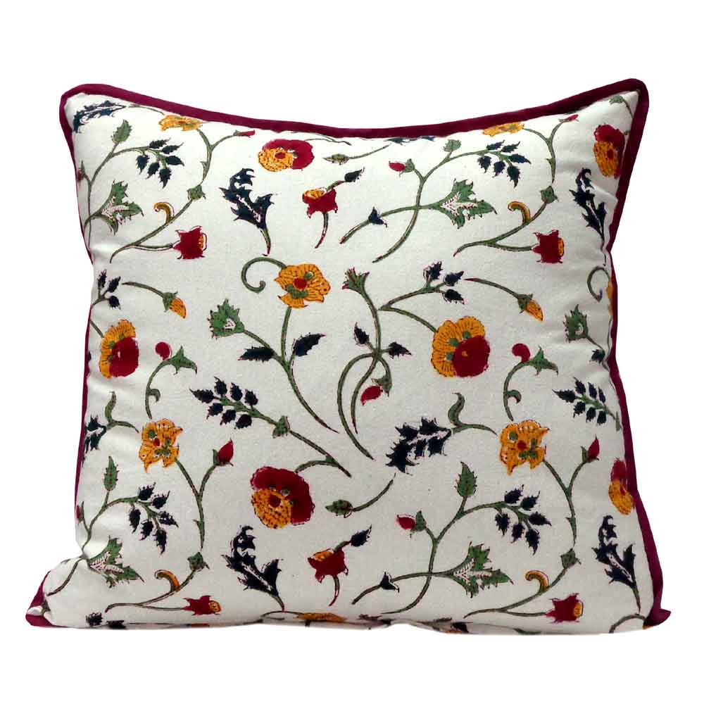 Hand Block Printed Cotton Cushion Cover 40x40 cms Rangila Phool Green 101143