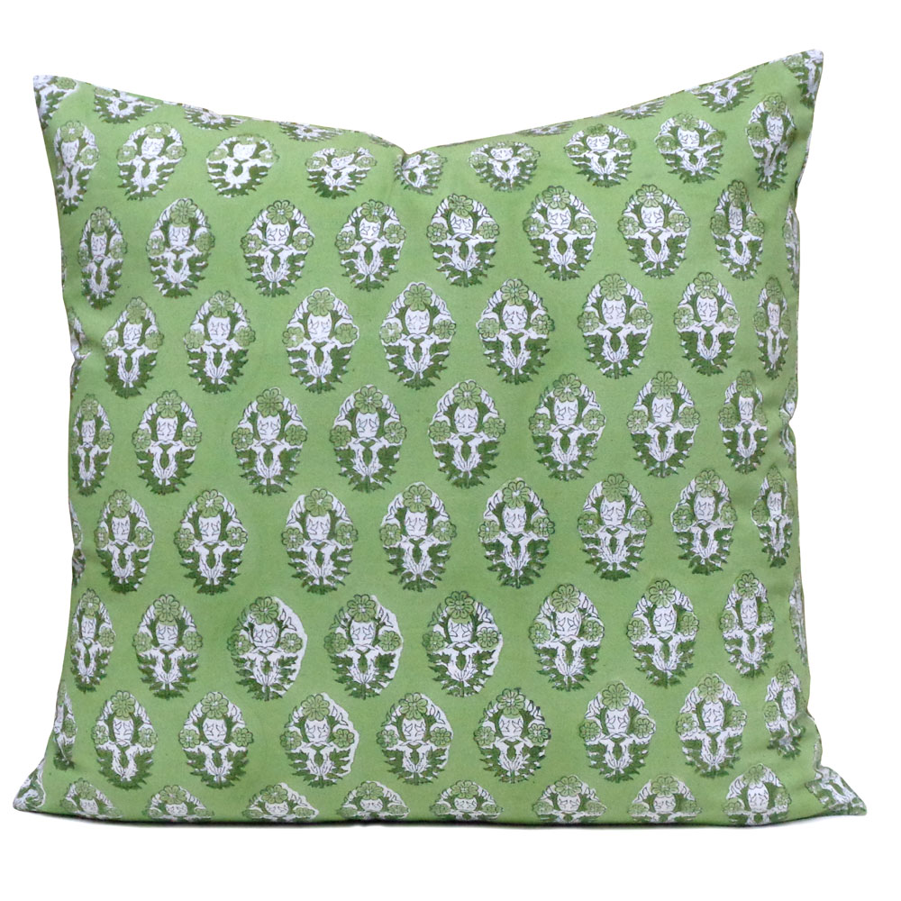 Hand Block Printed Cotton Cushion Cover 50x50 cms Boota Celadon Green Gud 100673