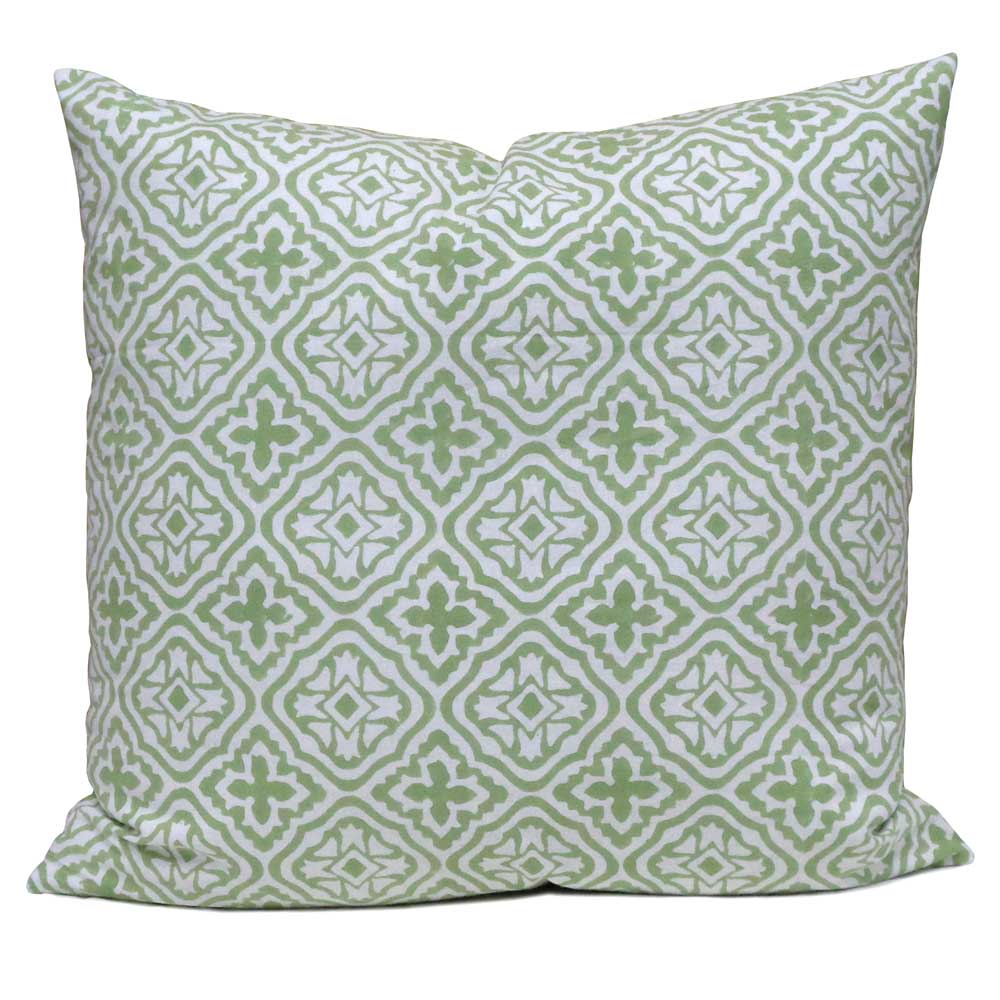 Hand Block Printed Cotton Cushion Cover 50x50 cms Cross Flower Celadon Green 202601