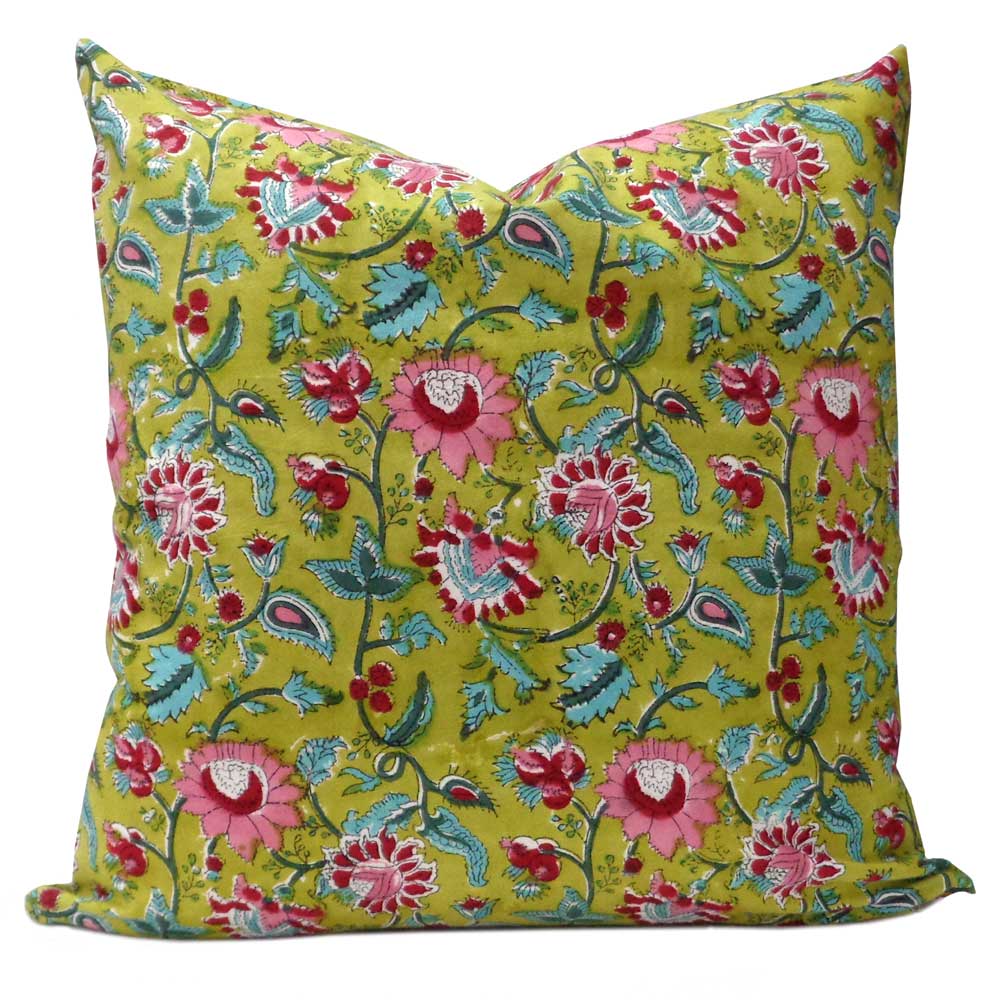 Hand Block Printed Cotton Cushion Cover 50x50 cm   Phuljhari Olive Gud 103487