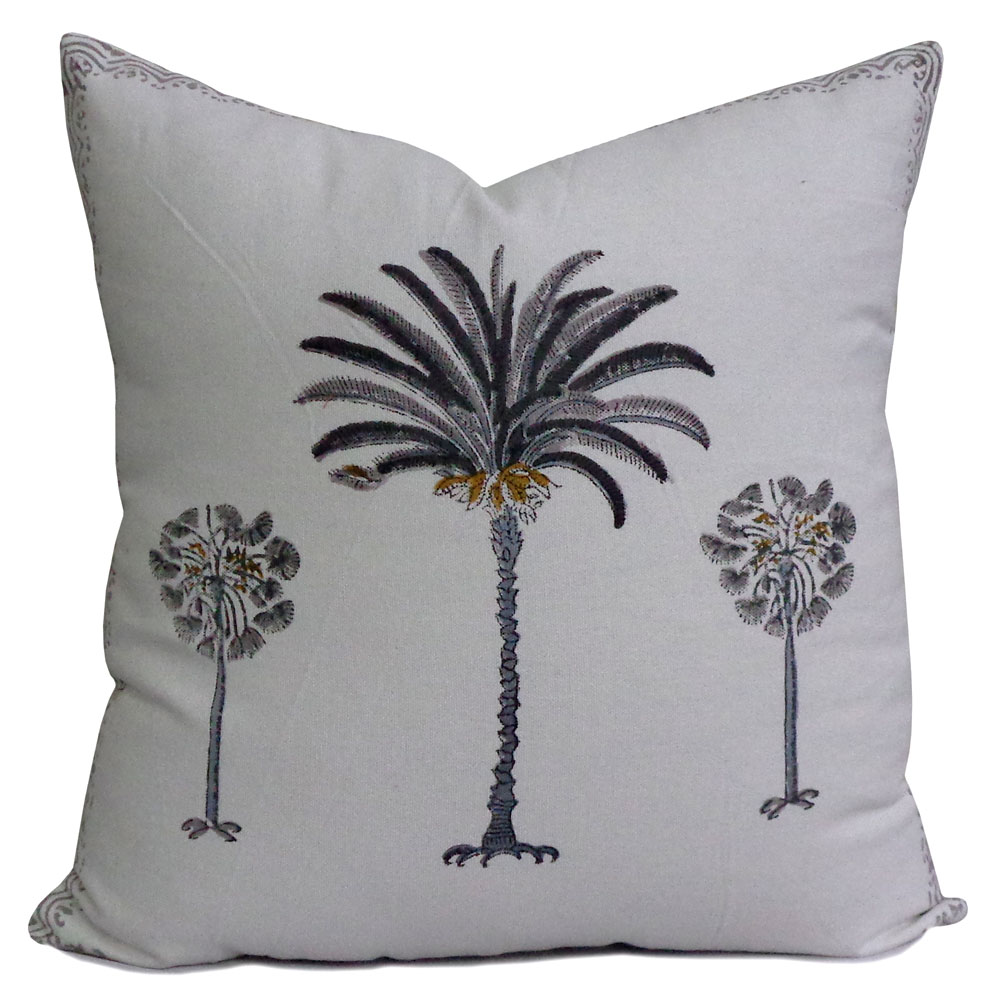 Hand Block Printed Cotton Canvas 45x45 cms Palm Tree Grey 200490
