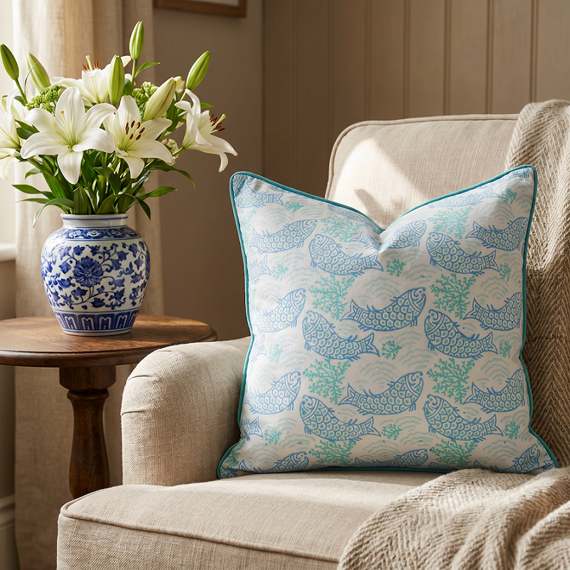 Piping Cushion Cover 50x50 cms African Fish Blue Mist 260713