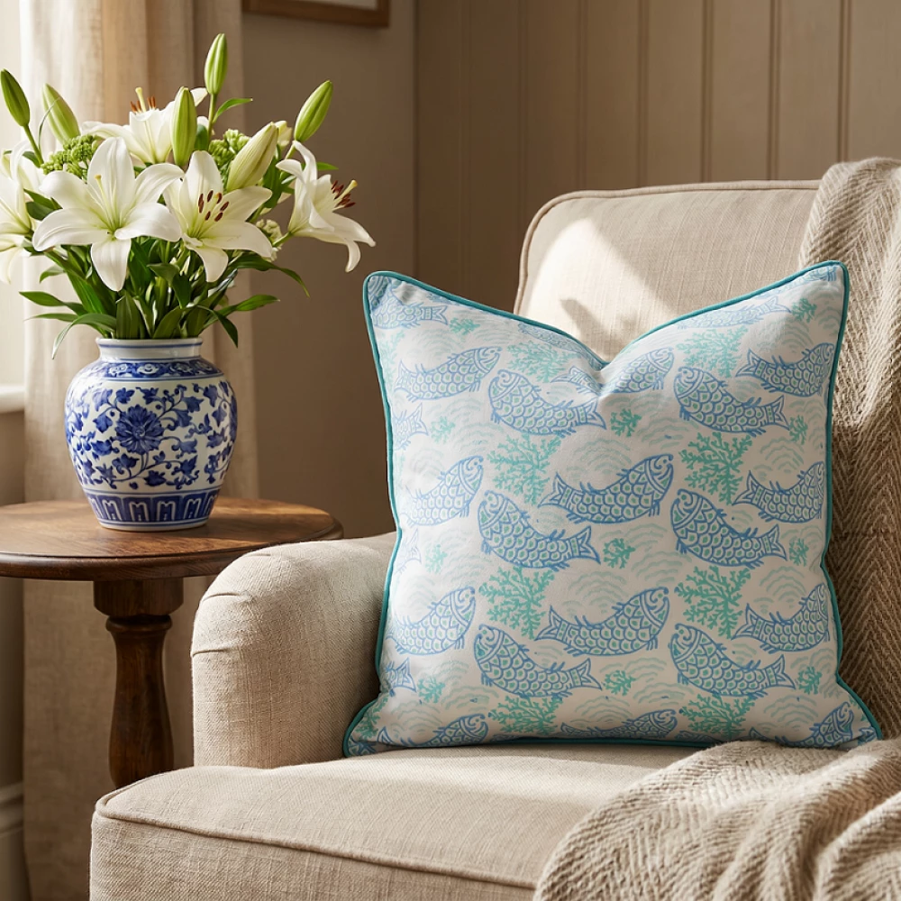 Image of Piping Cushion Cover 50x50 cms |  African Fish Blue Mist 260713