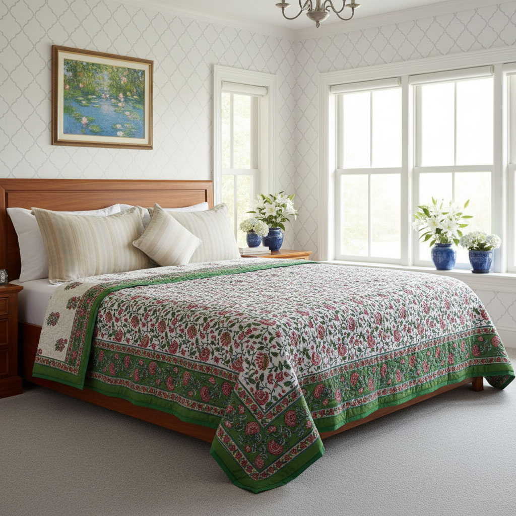 Hand Block Printed Cotton Queen Size Quilt Dawn Glory 251205