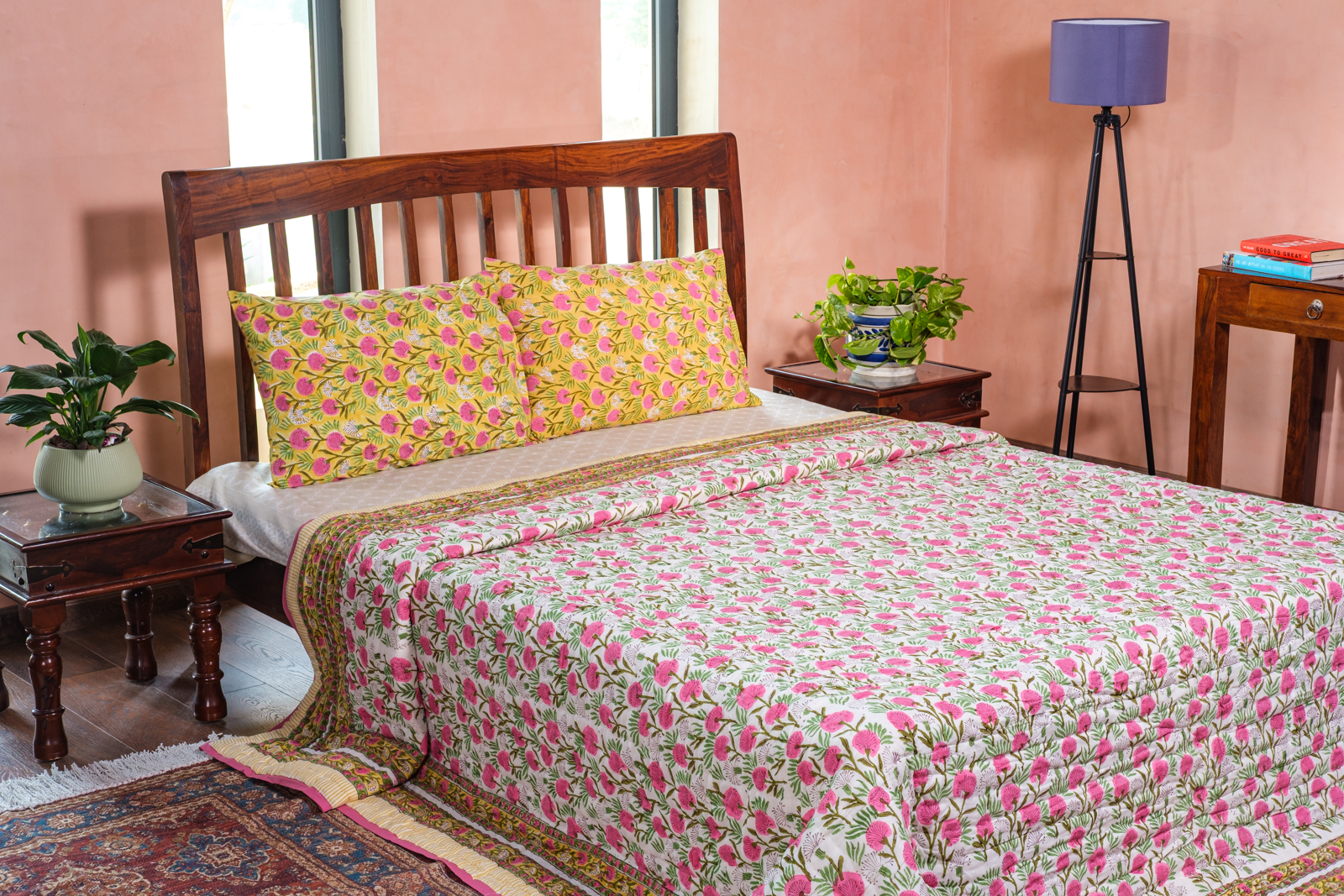 Hand Block Printed Cotton King Size Quilt  Desert Blossom Pink 206293