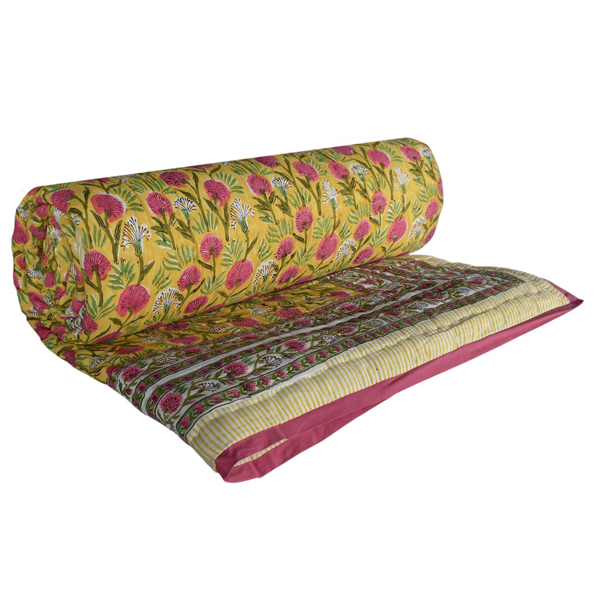 Hand Block Printed Cotton King Size Quilt  Desert Blossom Pink 206293