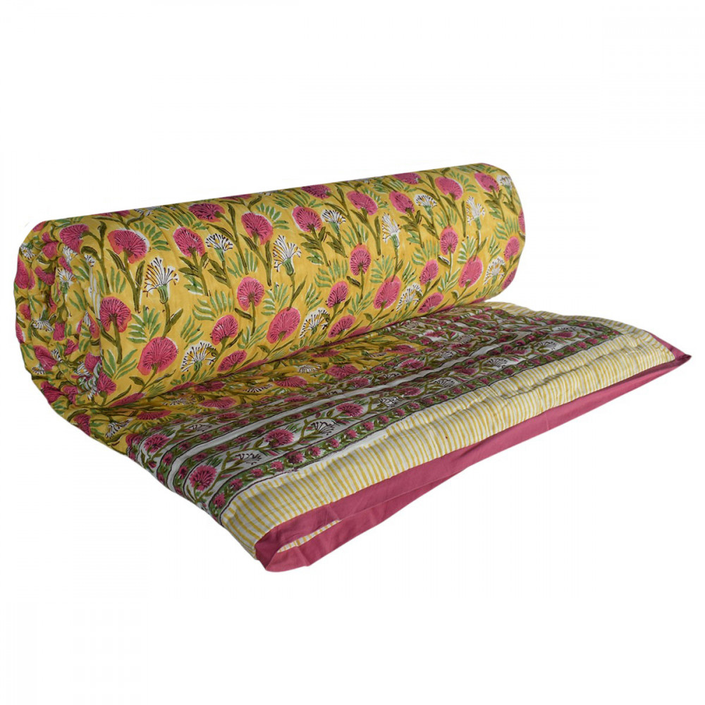 Image of Hand Block Printed Cotton King Size Quilt | Desert Blossom Pink 206293
