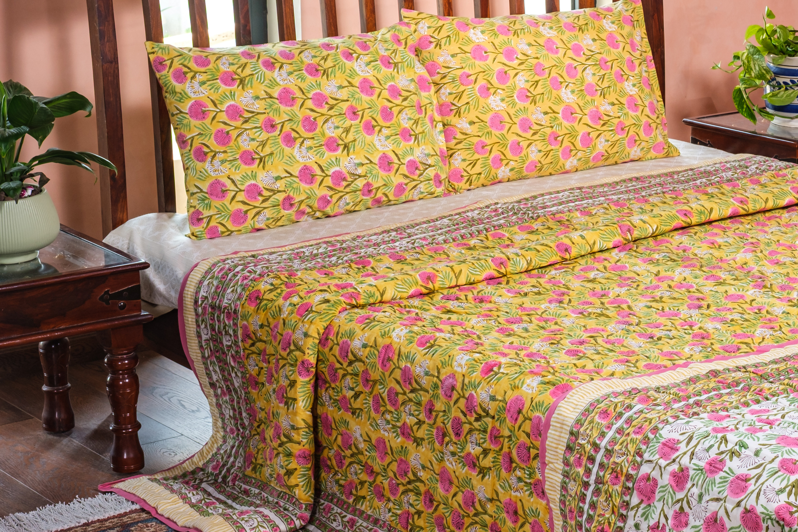 Hand Block Printed Cotton King Size Quilt Desert Blossom Pink 206293