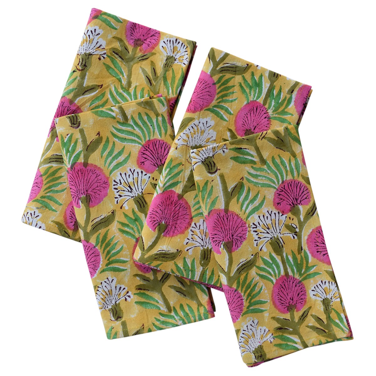 Hand Block Printed Cotton Napkin 45x45 cms Set of 4 Napkins Desert Blossom Pink Gud 100607