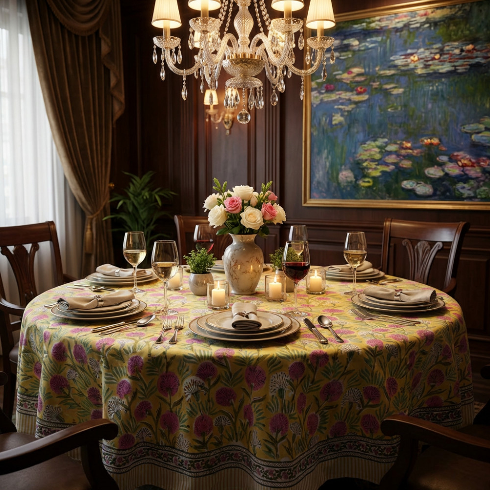 Image of Hand Block Printed Cotton Round Tablecloth 150 cms | Desert Blossom Pink Gud 105964