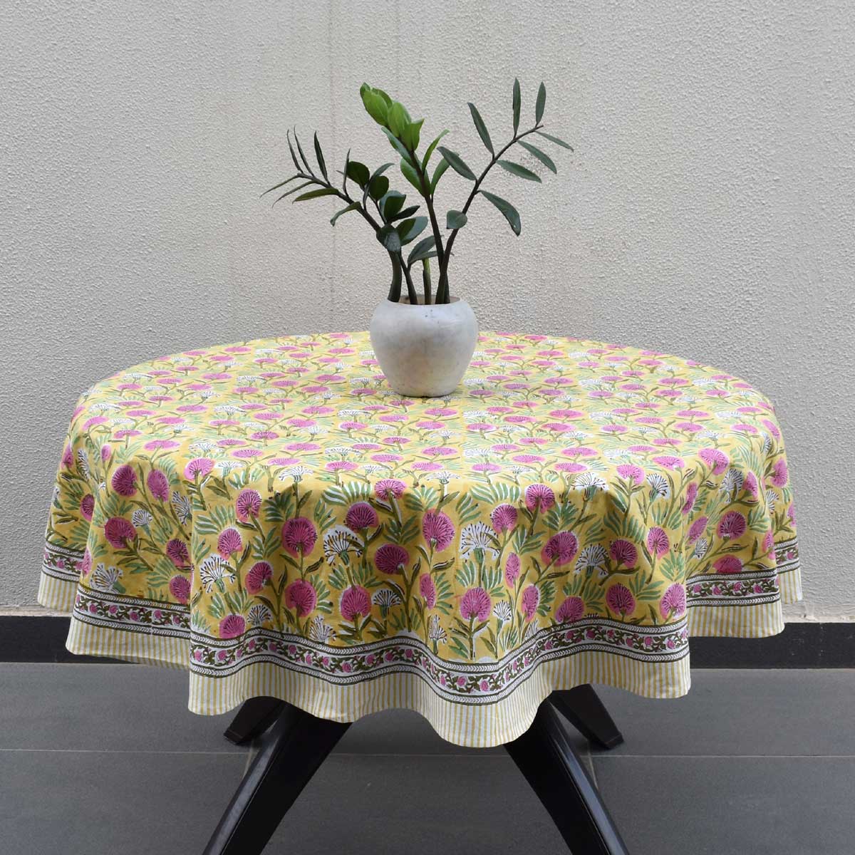Hand Block Printed Cotton Round Tablecloth 150 cms Desert Blossom Pink Gud 105964